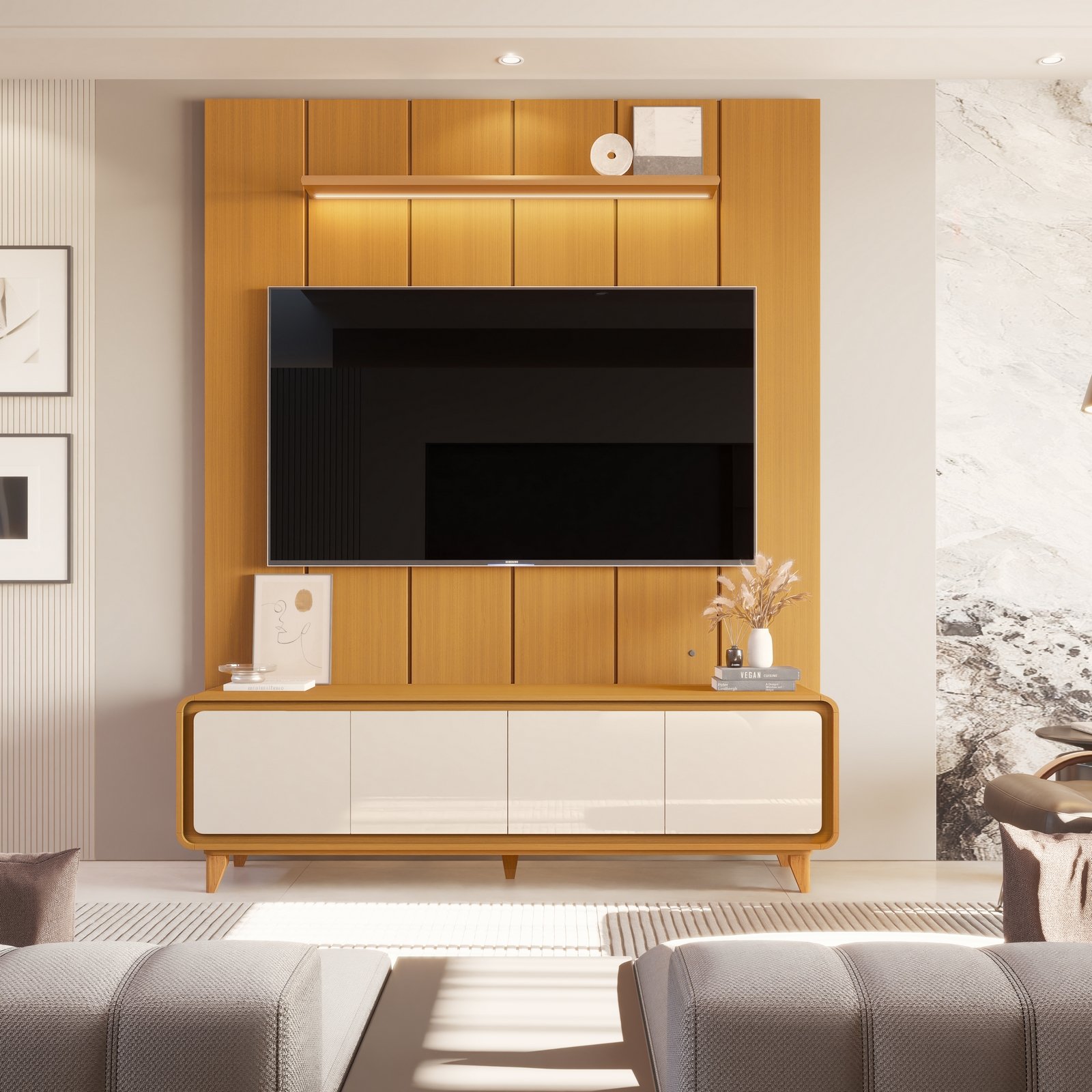 Painel até 75″ Lumi 1,88 m Cedro + Rack Liv 1,80 m Cedro/Off White – EDN MÓVEIS - Imagem 3