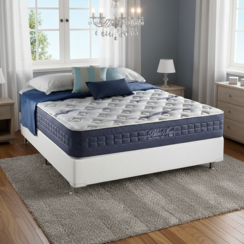 Colchão Casal Blue Sea 31 cm D28 Molas Ensacadas + Base Simples Corino Branco – ANJOS + BIOSTAR