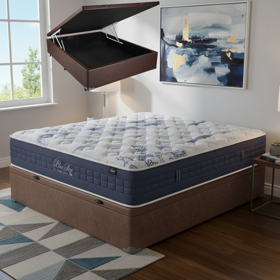 Colchão Casal Blue Sea 31 cm D28 Molas Ensacadas + Base Baú Corino Marrom – ANJOS + ALTO NÍVEL
