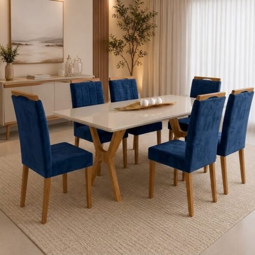Mesa Essência 180 (C/Vidro) Cinamomo/Off White com 6 Cadeiras Las Vegas Veludo Azul 24 – JCM MOVELARIA + OURO DECOR