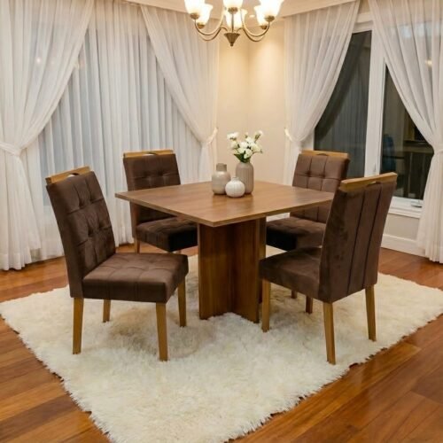 Mesa Salinas 90 (Tampo Dakota s/ vidro) Cinamomo com 4 Cadeiras Sophia Veludo Marrom – CEL MÓVEIS + WM DECOR