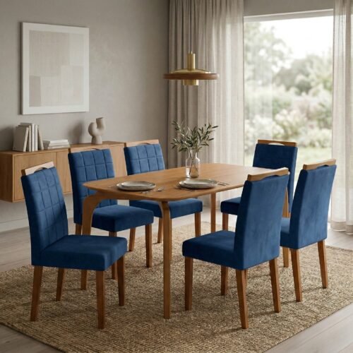 Mesa Capri 160 (S/Vidro) Laminado Natural com 6 Cadeiras Las Vegas Veludo Azul 24 – MÓVEIS VALVERDE + OURO DECOR