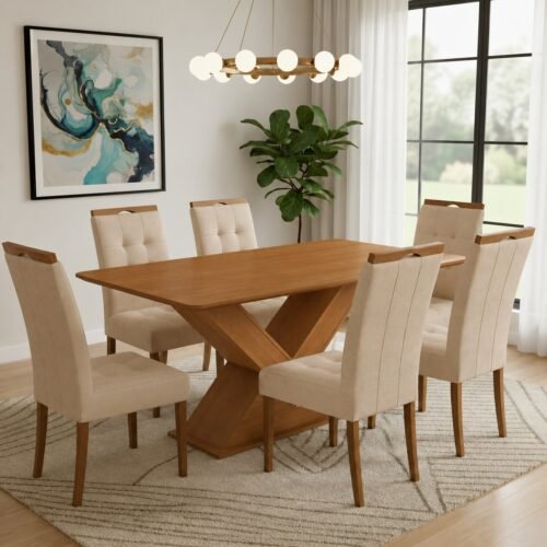 Mesa Amora BA35 160 (S/Vidro) Canela com 6 Cadeiras Sophia Veludo Bege – KAPPESBERG + WM DECOR