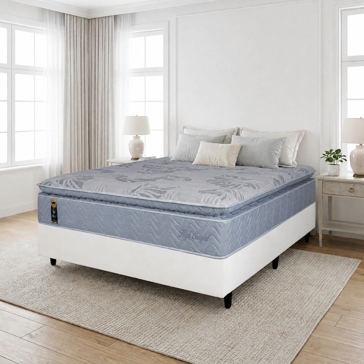 Colchão Casal High Comfort 34 cm D28 Molas Ensacadas + Base Simples Corino Branco– KING KONFORT COLCHÕES + BIOSTAR