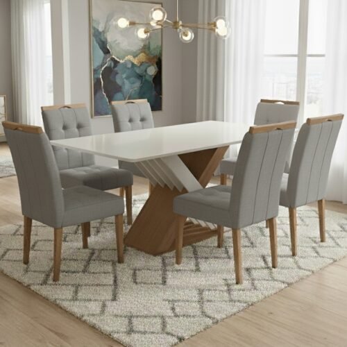 Mesa Graviola BA29 160 Canela/Off White com 6 Cadeiras Sophia Linho Cinza Grafite 206 – KAPPESBERG + WM DECOR
