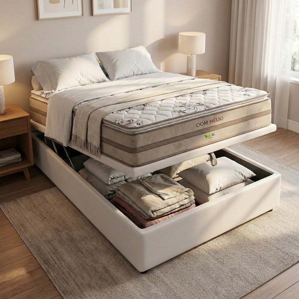 Colchão Casal Dom Hélio VX 32 cm D28 Molas Ensacadas + Base Baú Corino Branco – ECOTEC + ALTO NÍVEL
