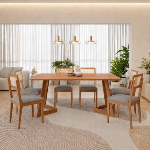 Mesa Caju 180 (S/Vidro) Madeira/Off White com 6 Cadeiras Palmas Linho Cinza Grafite – CIMOL