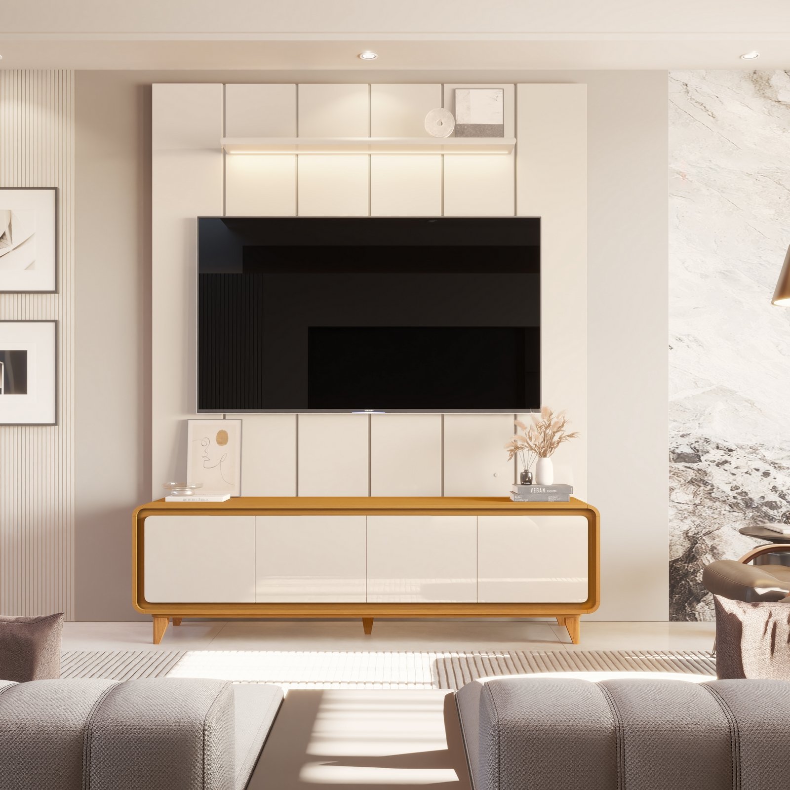 Painel até 75″ Lumi 1,88 m Off White + Rack Liv 1,80 m Cedro/Off White – EDN MÓVEIS - Imagem 3