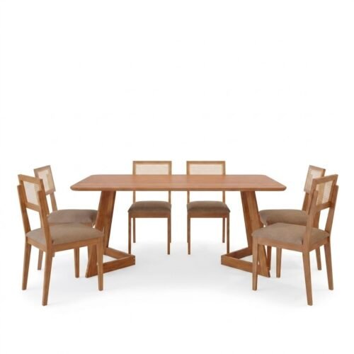 Alternative view of Mesa Caju 180 (S/Vidro) Madeira/Off White com 6 Cadeiras Palmas Linho Bege – CIMOL