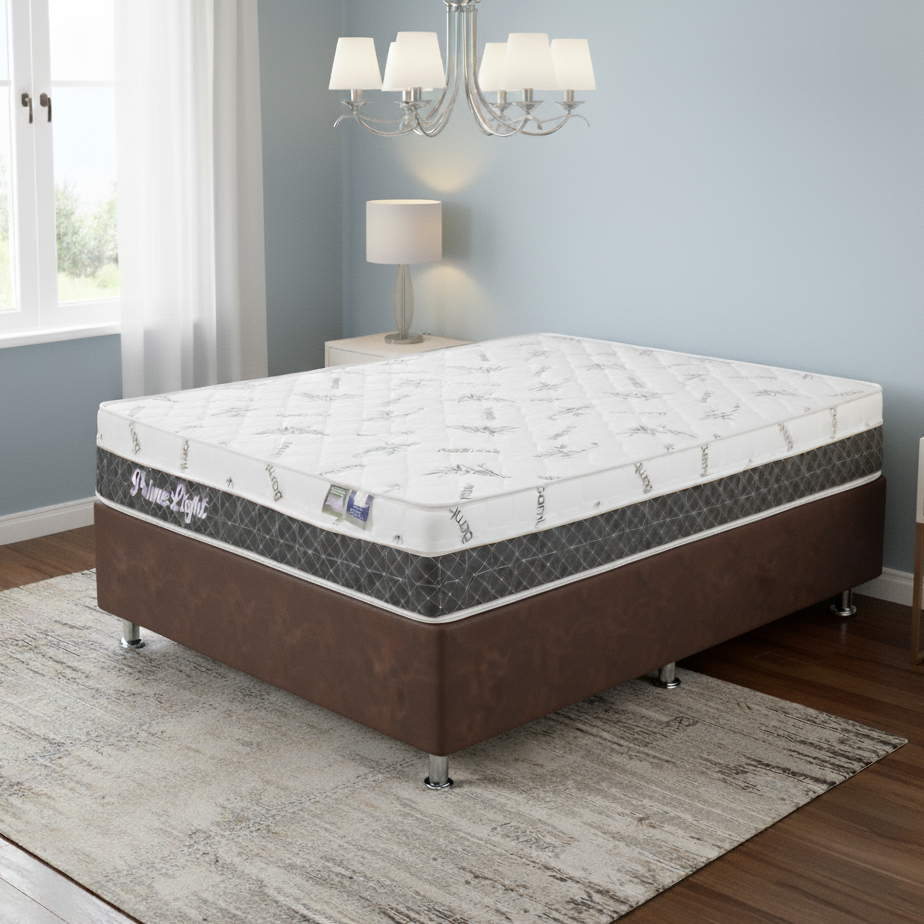 Colchão Casal Prime Light 26 cm D28 Molas Ensacadas + Base Simples Corino Marrom – ORTHOPRIME + BIOSTAR
