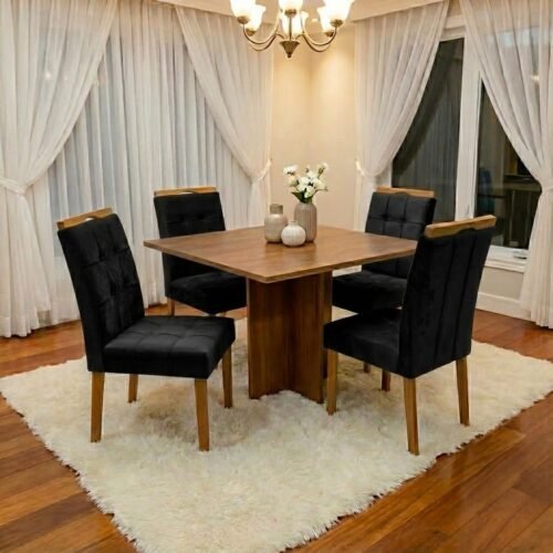 Mesa Salinas 100 (Tampo Dakota s/ vidro) Cinamomo com 4 Cadeiras Sophia Veludo Preto – CEL MÓVEIS + WM DECOR