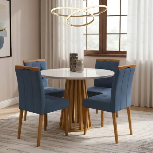 Mesa Redonda Berlim 100 Cinamomo/Off White com 4 Cadeiras Sophia Veludo Azul – CEL MÓVEIS + WM DECOR