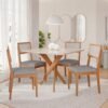 Mesa Cacau 95 (C/Vidro) Madeira/Off White com 4 Cadeiras Encanto Linho Cinza Grafite – CIMOL
