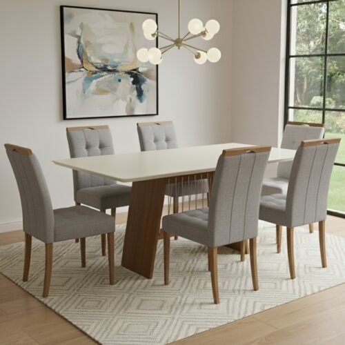 Mesa Damiana BA56 160 Canela/Off White com 6 Cadeiras Sophia Linho Cinza Grafite 206 – KAPPESBERG + WM DECOR
