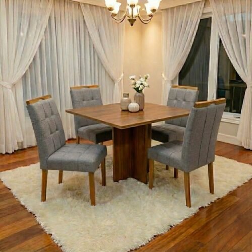 Mesa Salinas 90 (Tampo Dakota s/ vidro) Cinamomo com 4 Cadeiras Sophia Linho Cinza Grafite 206 – CEL MÓVEIS + WM DECOR