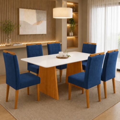 Mesa Londres 160 (Tampo Londres c/vidro) Cinamomo/Off White com 6 Cadeiras Las Vegas Veludo Azul 24 – CEL MÓVEIS + OURO DECOR