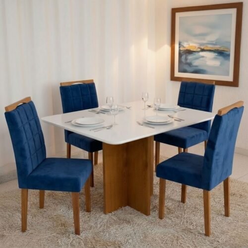 Mesa Salinas 120 (Tampo Londres c/vidro) Cinamomo/Off White com 4 Cadeiras Las Vegas Veludo Azul 24 – CEL MÓVEIS + OURO
