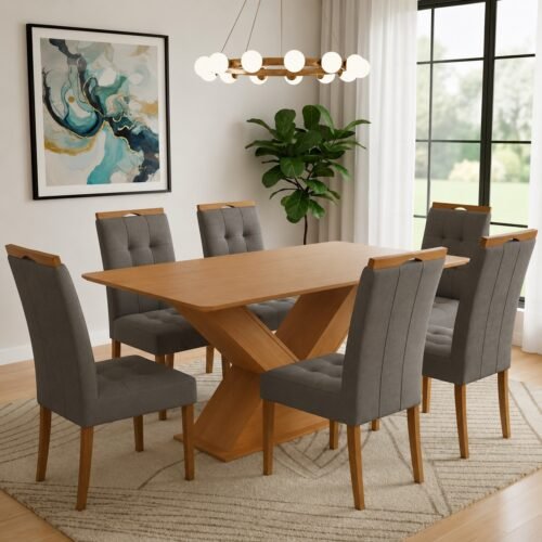 Mesa Amora BA35 160 (S/Vidro) Canela com 6 Cadeiras Sophia Veludo Cinza Grafite – KAPPESBERG + WM DECOR