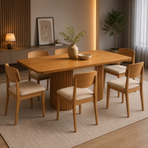 Mesa Pilar 180 Canto Copo (S/Vidro) Naturale/Off White/Naturale com 6 Cadeiras Havana Veludo Creme – RUFATO