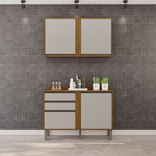 Armário Aéreo 2 Portas + Balcão Pérola 1,20 m Cinamomo/Off White – SALLÊTO