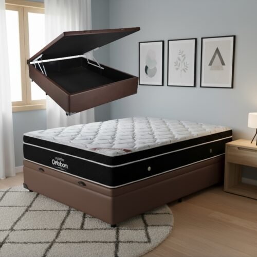Colchão Casal Elegant Superpocket 28 cm D33 Molas Ensacadas + Base Baú Corino Marrom – ORTOBOM + ALTO NÍVEL
