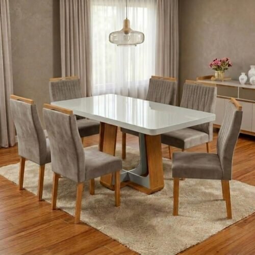 Mesa Sintonia (Tampo Maxi) 170 Amêndoa Clean/Off White com 6 Cadeiras Gênova Veludo Bege Capuccino – LOPAS + ART ASSENTO