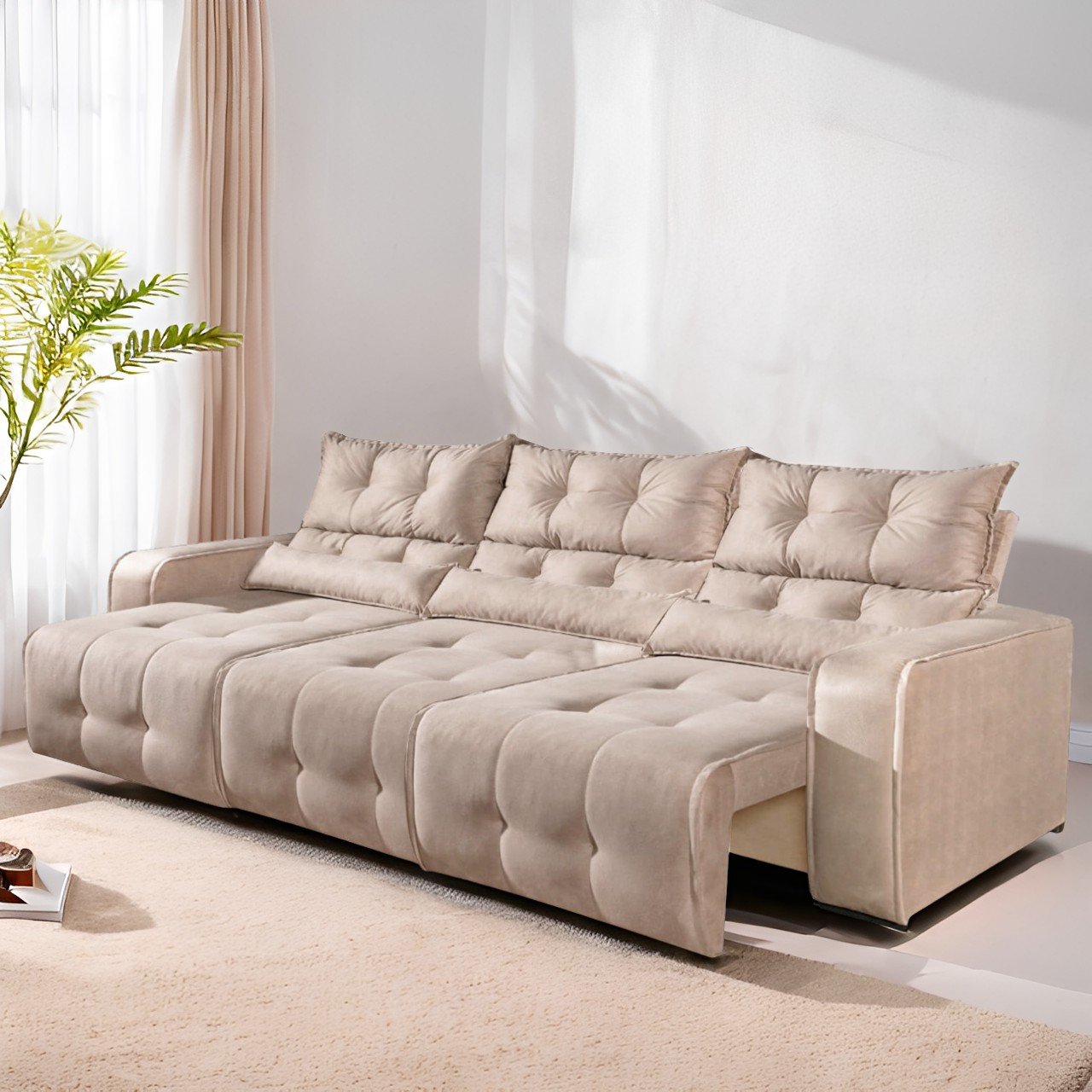 Sofá Retrátil e Reclinável Premier/Minas 2,50 m Veludo Bege 512 - DECORAR ESTOFADOS
