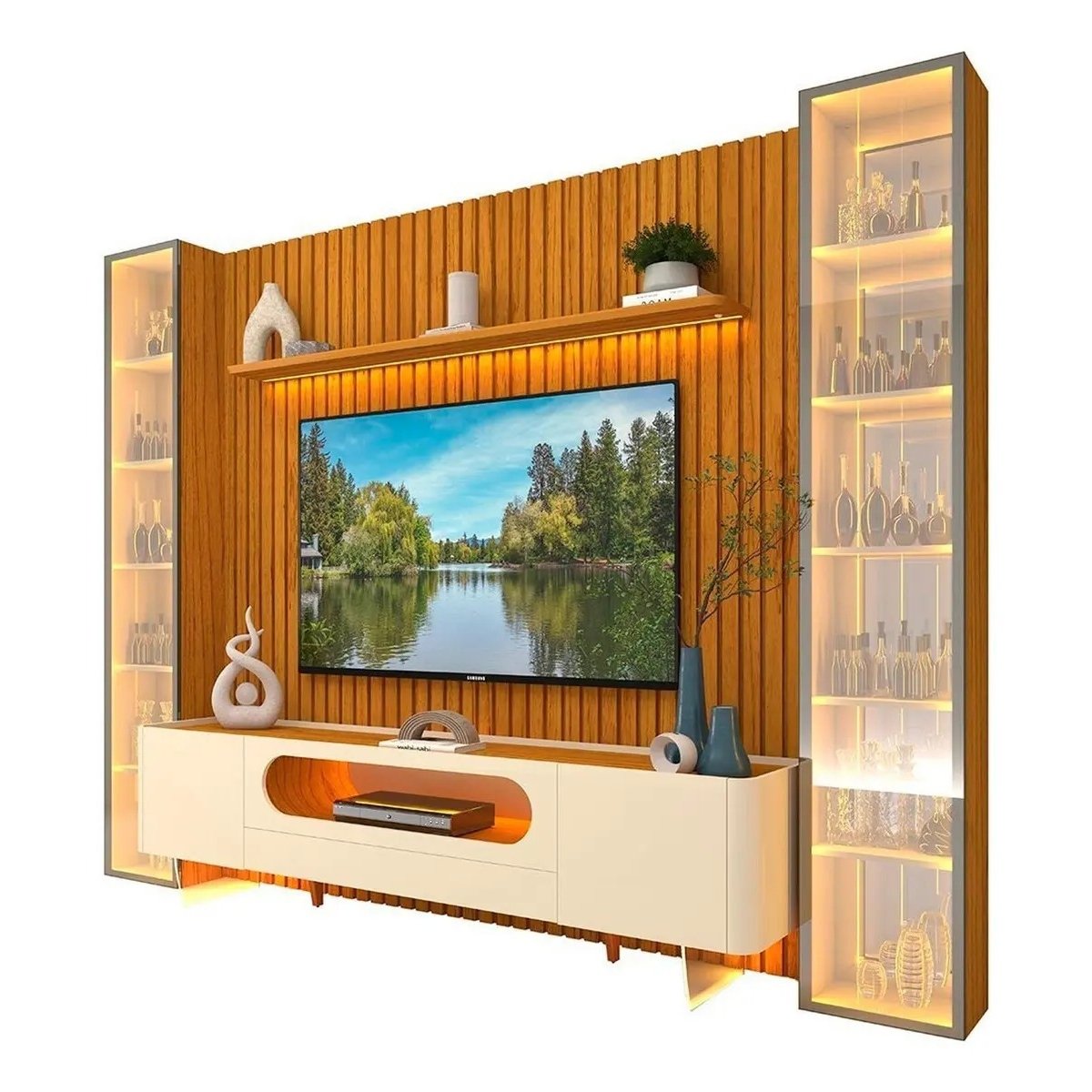 Painel até 85″ Nobre 230 Naturale + Rack Nobre 210 (Pés de Vidro) Off White/Naturale com Duas Torres Naturale – GELIUS (ESPECIAL) - Imagem 4