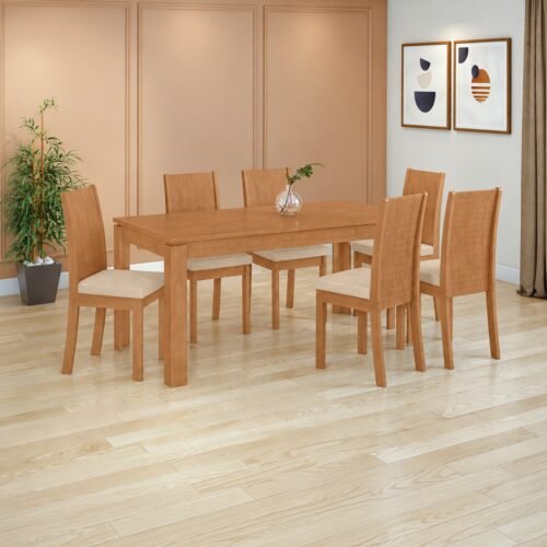 Mesa Athenas 180 Amêndoa Clean com 6 Cadeiras Athenas Linho Bege – LOPAS