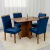Mesa Salinas 120 (Tampo Londres s/vidro) Cinamomo com 4 Cadeiras Las Vegas Veludo Azul 24 – CEL MÓVEIS + OURO DECOR