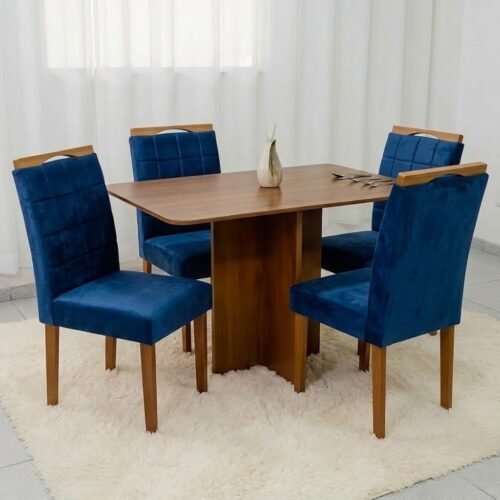 Mesa Salinas 120 (Tampo Londres s/vidro) Cinamomo com 4 Cadeiras Las Vegas Veludo Azul 24 – CEL MÓVEIS + OURO DECOR