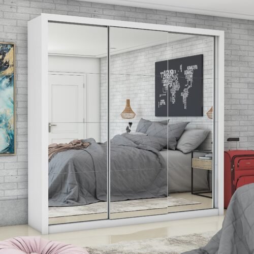 Guarda-Roupa 3 Portas Veneza/Clara/Berlim Premium (3 portas espelhadas) 1,855 m Branco – CARIOCA MÓVEIS
