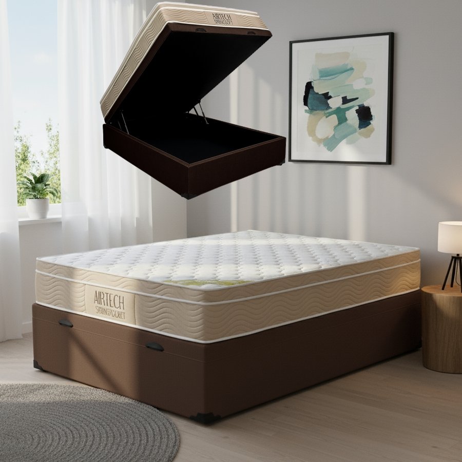 Colchão Casal Airtech Springpocket 25 cm D26 Molas Ensacadas + Base Baú Corino Marrom– ORTOBOM + BIOSTAR