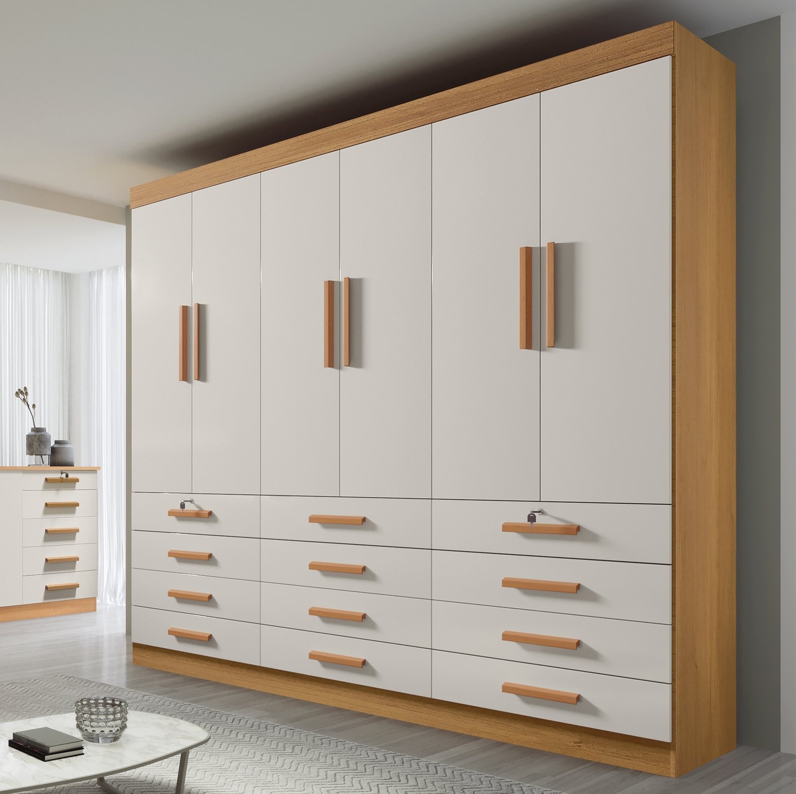 Guarda-Roupa 6 Portas Mônaco 2,40 m Cinamomo/Off White – D’DORO MÓVEIS