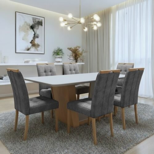 Mesa Apogeu (Tampo Maxi) 170 Amêndoa Clean/Off White com 6 Cadeiras Sophia Veludo Cinza Grafite – LOPAS + WM DECOR