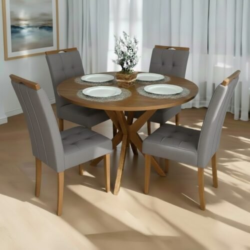 Mesa Redonda Simpatia 108 Cinamomo com 4 Cadeiras Sophia Veludo Cinza Grafite – JCM MOVELARIA + WM DECOR