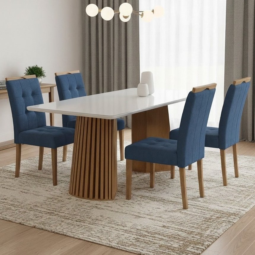 Mesa Nevada 120 (Tampo Smart Plus) Cinamomo/Off White com 4 Cadeiras Sophia Veludo Azul – CEL MÓVEIS + WM DECOR