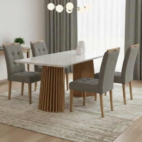 Mesa Nevada 120 (Tampo Smart Plus) Cinamomo/Off White com 4 Cadeiras Sophia Veludo Cinza Grafite – CEL MÓVEIS + WM DECOR