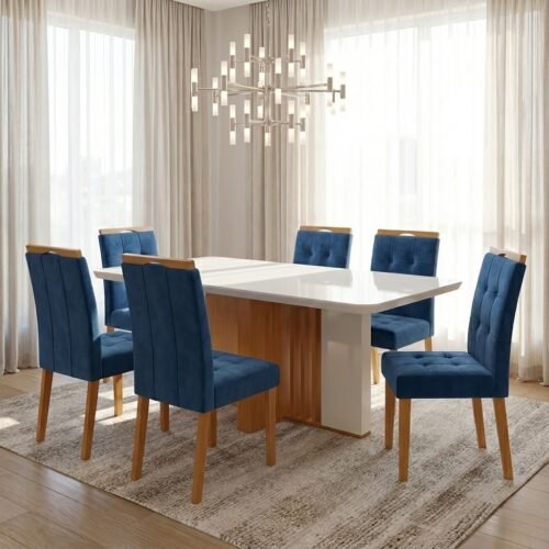 Mesa Astrid (Tampo Maxi) 170 Amêndoa Clean/Off White com 6 Cadeiras Sophia Veludo Azul – LOPAS + WM DECOR