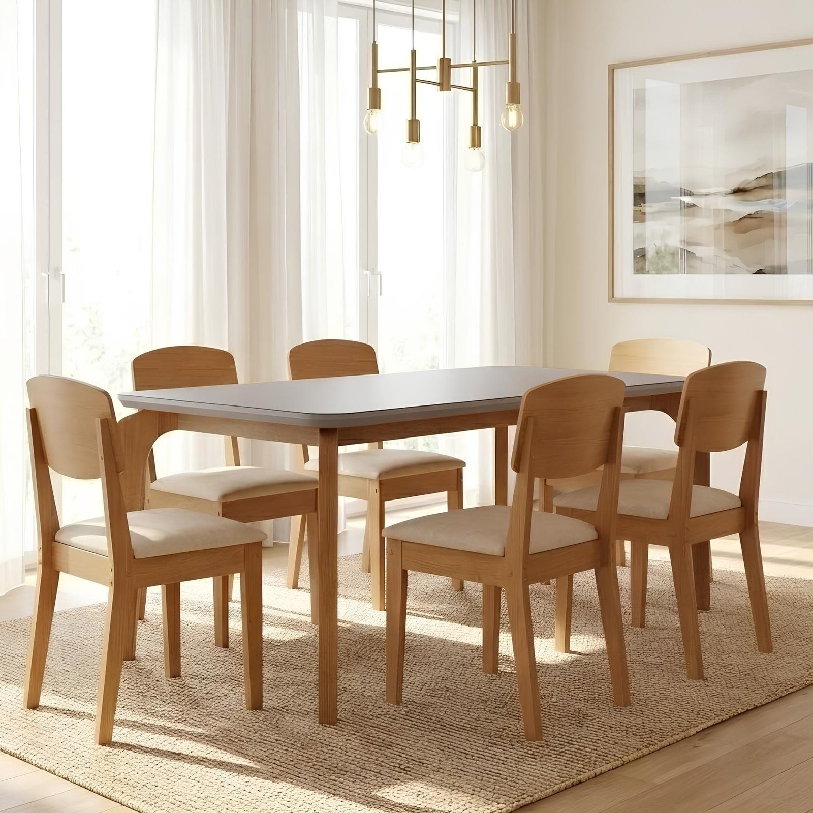 Mesa Londrina 180 Naturale/Off White com 6 Cadeiras Havana Veludo Creme – RUFATO
