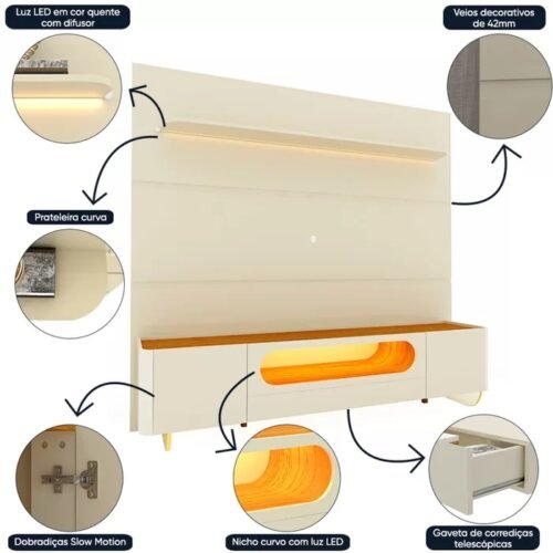 Alternative view of Painel até 85″ Royal 220 Off White + Rack Nobre 210 (Pés de Vidro) Off White/Naturale – GELIUS