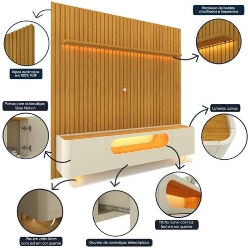 Alternative view of Painel até 85″ Nobre 230 Naturale + Rack Nobre 210 (Pés de Vidro) Off White/Naturale – GELIUS