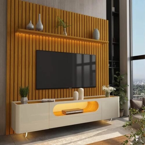Painel até 85″ Nobre 230 Naturale + Rack Nobre 210 (Pés de Vidro) Off White/Naturale – GELIUS
