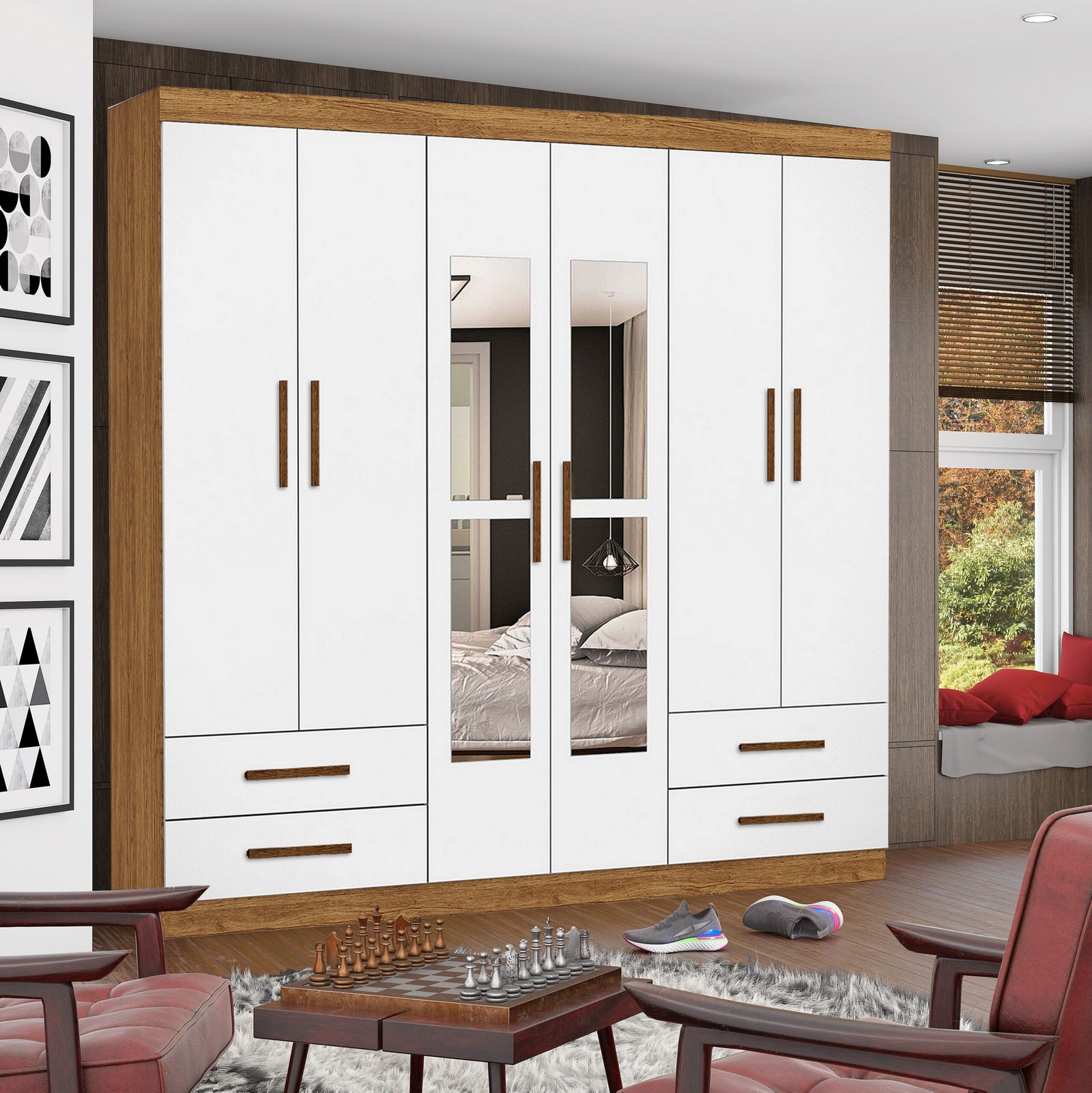 Guarda-Roupa 6 Portas Hércules(Com espelho) 1,77 m Cinamomo/Branco – CARIOCA MÓVEIS