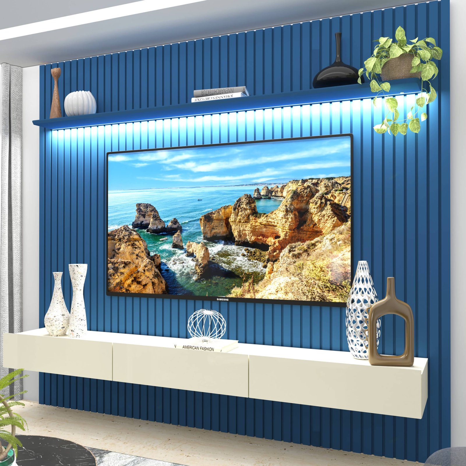 Home até 85″ Nobre Ripado 230(Com Nicho) Azul/Off White – GELIUS