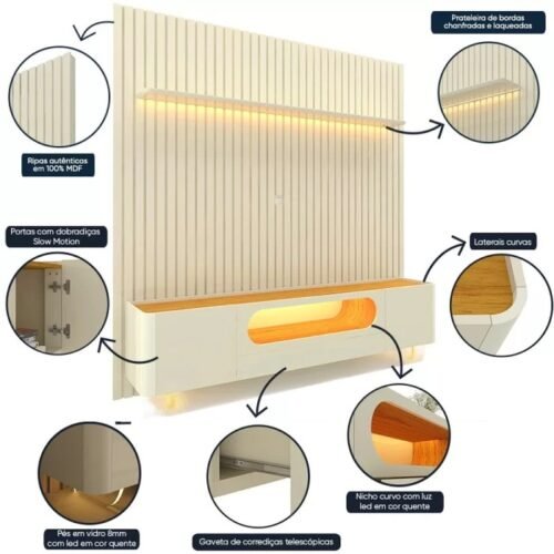 Alternative view of Painel até 85″ Nobre 230 Off White + Rack Nobre 210 (Pés de Vidro) Off White/Naturale – GELIUS