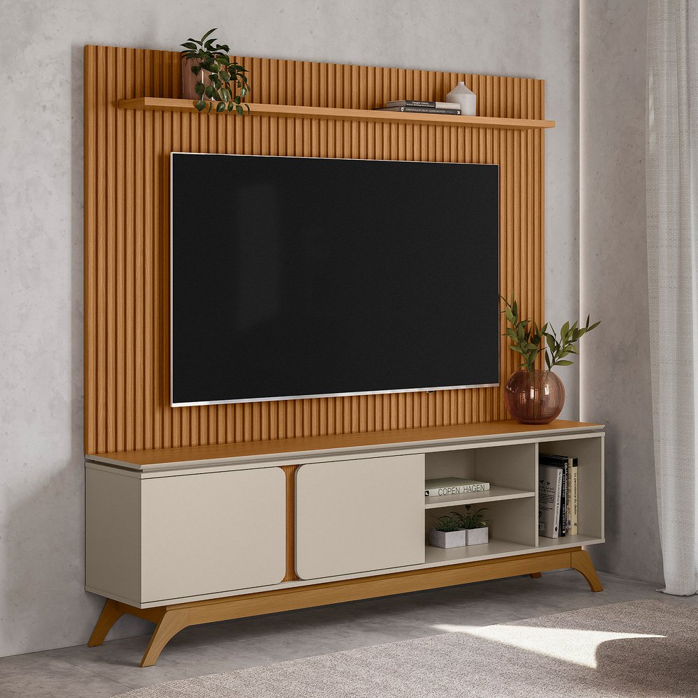 Painel até 75″ Gênova 2.0 Nature + Rack Istambul Nature/Off White – LINEA BRASIL