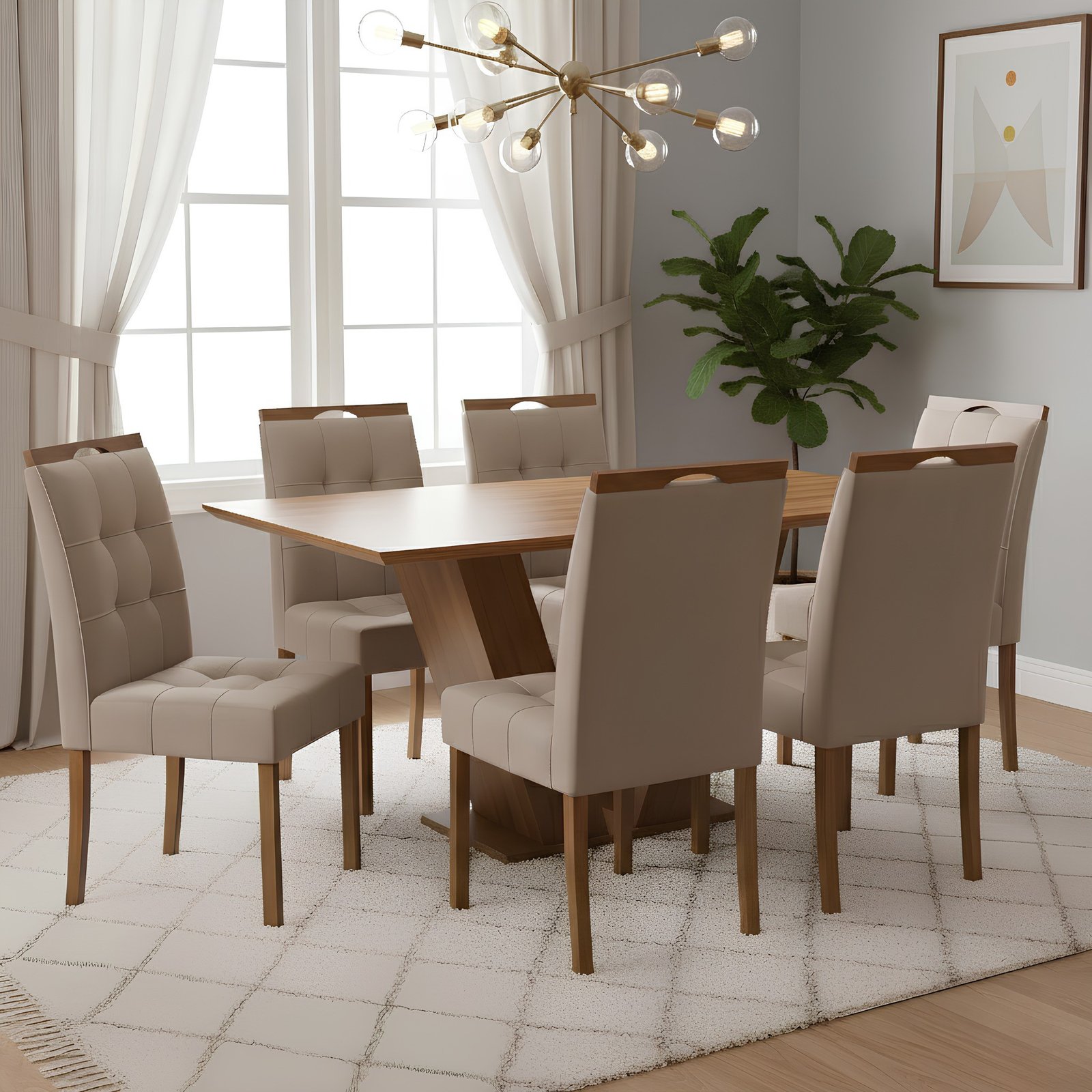 Mesa Classic 160 Cinamomo Laminado com 6 Cadeiras Sophia Veludo Bege – CEL MÓVEIS + WM DECOR