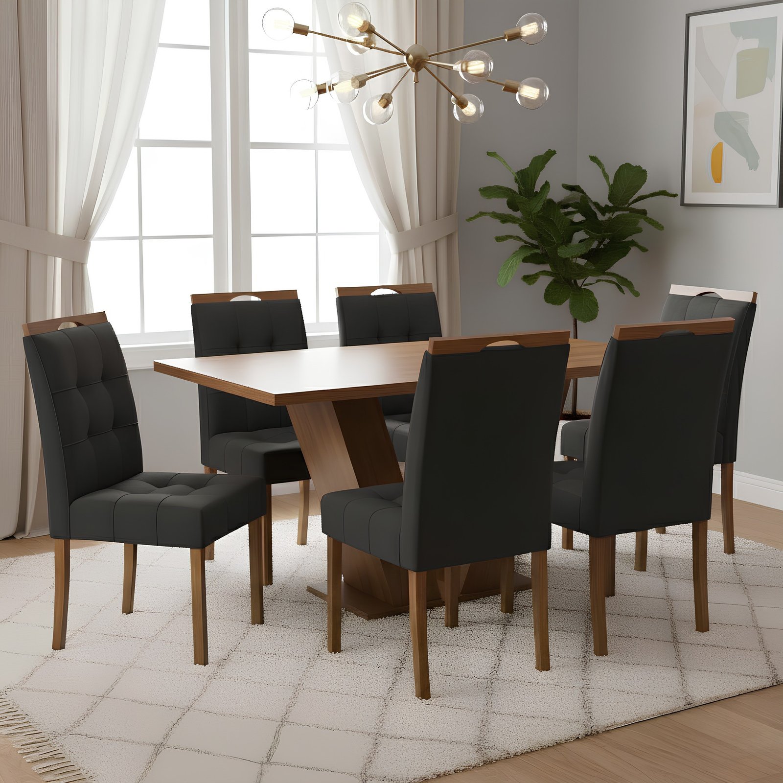 Mesa Classic 160 Cinamomo Laminado com 6 Cadeiras Sophia Veludo Preto – CEL MÓVEIS + WM DECOR