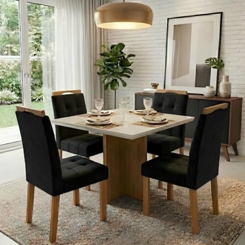 Mesa Salinas 90 (Tampo Dakota c/ vidro) Cinamomo/Off White com 4 Cadeiras Sophia Veludo Preto – CEL MÓVEIS + WM DECOR